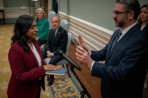 Anita Anand, Minister of Foreign Affairs, is sworn in at Rideau Hall for the cabinet’s swearing-in ceremony on May 13, 2025 in Ottawa, Canada. | Photo Credit: Getty Images via AFP